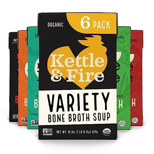 Bone Broth Variety Pack by Kettle and Fire, Pack of 6, Beef, Chicken, Chipotle Beef, Lemongrass Ginger Beef, Coconut Curry & Lime Chicken, and Turmeric Ginger Chicken Bone Broths, Protein