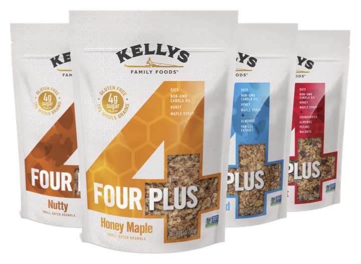 Kellys Four Plus Granola Cereal | Variety Granola for Yogurt | Hand Made Snacks for Breakfast - 12 oz (Pack of 4)