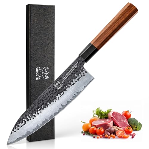 FAMCÜTE 8 Inch Japanese Knife, Hand Forged 5 Layers High Carbon 9CR18MOV Steel Rosewood Handle Chef Knife, Ultra Sharp Durable Professional Kitchen Knife, A Thoughtful Father Day Gifts for Men