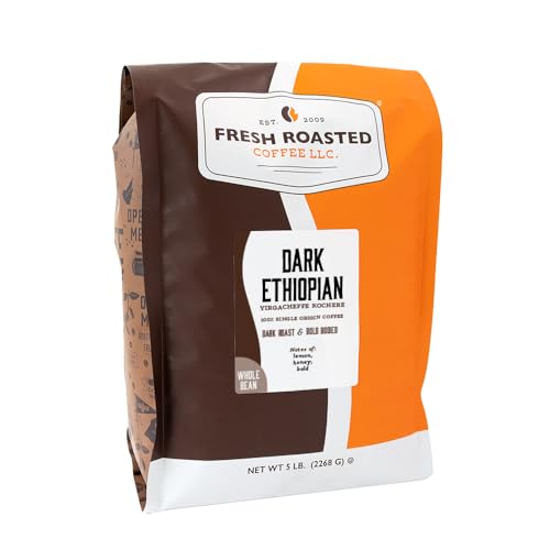 Fresh Roasted Coffee, Dark Ethiopian Yirgacheffe Kochere Whole Bean Coffee, Dark Roast, Kosher, 5 lb (80 oz)