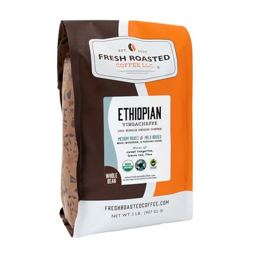 Fresh Roasted Coffee, Organic Ethiopian Yirgacheffe Whole Bean Coffee, Light Roast, USDA Organic, 3rd Party Tested for Mold, Mycotoxin & Pesticides, Kosher, 2 lb (32 oz)