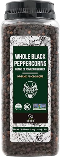 Soeos Organic Black Peppercorns, 18oz (Pack of 1), Non-GMO, Kosher, Packed to Keep Peppers Fresh, Peppercorn for Grinder Refill, Whole Peppercorns