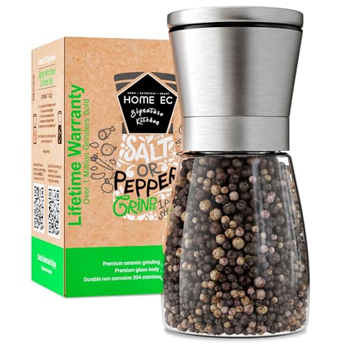 HOME EC Original Stainless Steel Salt or Pepper Grinder 1pk - Adjustable Ceramic Sea Salt Grinder or Pepper Mill - Tall Glass Spice Shaker - Spice Mill w/EBook