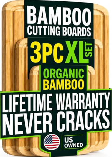 INDESTRUCTABLE Extra Large Bamboo Cutting Board Set of 3 with Vertical Grain Strength Technology - XL Wood Cutting Boards for Kitchen and Lightweight Chopping Board Set - Replacements for Life