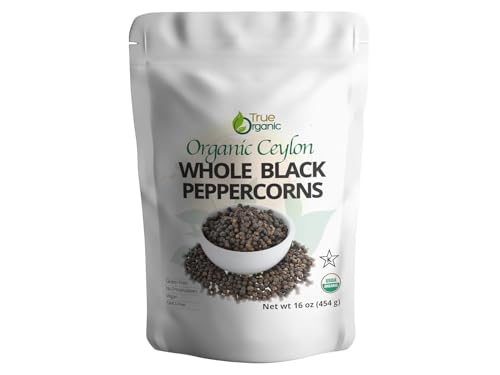 True Organic Black Peppercorns, 1 lb, Steam Sterilized, USDA & Kosher Certified, Premium Grade, Gluten-Free Non-GMO Peppercorns Whole, Perfect for Grinder Refill [ Bulk, 16 oz ]
