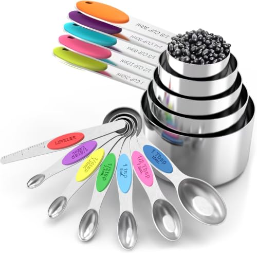 TILUCK measuring cups and magnetic measuring spoons set, stainless steel measuring cups, 6 double-sided stainless steel measuring spoons & 1 leveler (12)