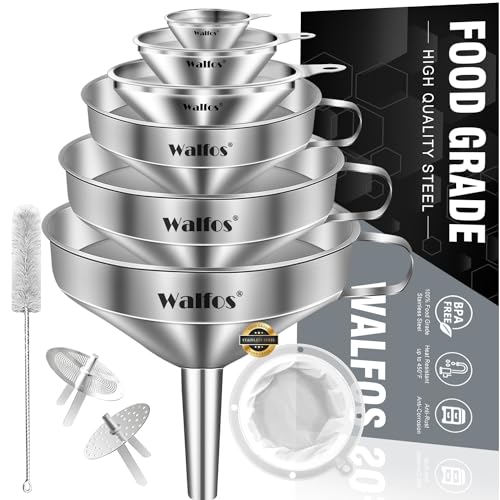 Stainless Steel Funnel, Walfos 6 Different Sizes of Kitchen funnels with 2 Removable Strainer ＆ 1Pcs Cleaning Brush, 200 Mesh Food Filter Strainer,for Transferring of Liquid, Oils, Jam, Powder