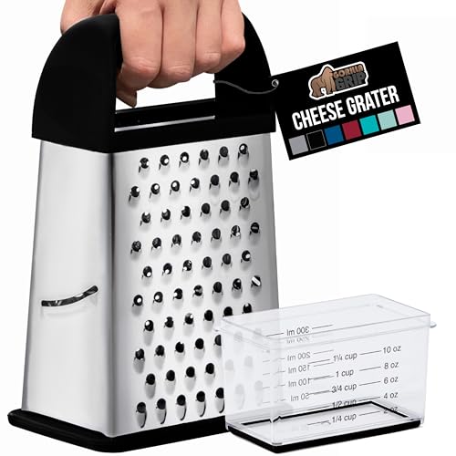GORILLA GRIP® XL 4-Sided Stainless Steel Cheese Grater With Measurement Container, BPA-Free Box Grater, Slip Resistant Base, Grate Hard Parmesan, Shred Veggies, Zest Citrus, Dishwasher Safe, Black