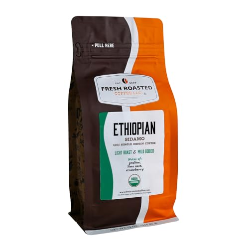 Fresh Roasted Coffee, Organic Ethiopian Natural Whole Bean Coffee, Light Roast, USDA Organic, 100% Single Origin, Kosher, 12 oz