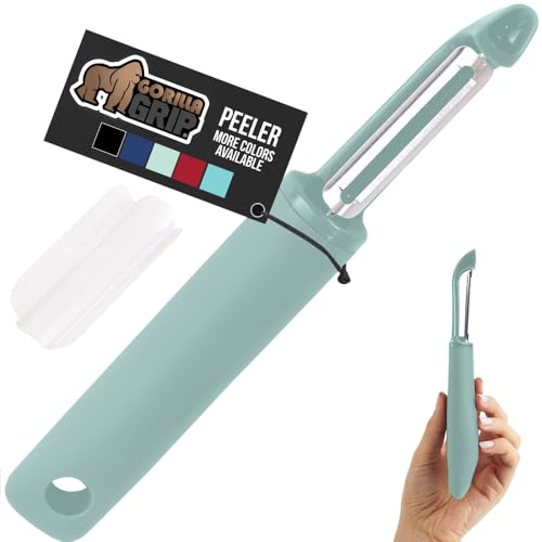 GORILLA GRIP® Patented BPA-Free Vegetable Peeler, Extra Sharp Swivel Stainless Steel Blades with Guard, Comfortable Soft Handle, Easily Peel Carrots or Fruit, Potato Eye Remover, Dishwasher Safe, Mint