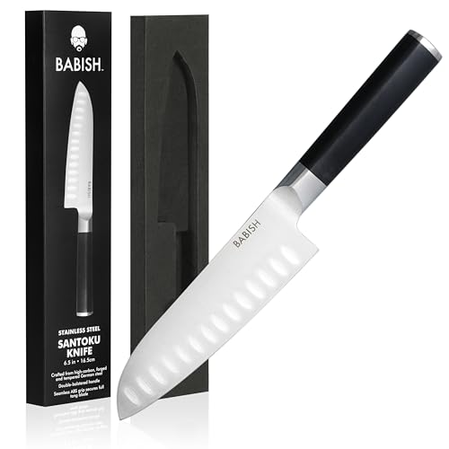Babish 6.5 Inch Santoku Knife High Carbon 1.4116 German Steel Kitchen Knife Razor Sharp Blade Durable Precision Cutlery for Slicing Dicing Chopping Vegetables Meat and Fish
