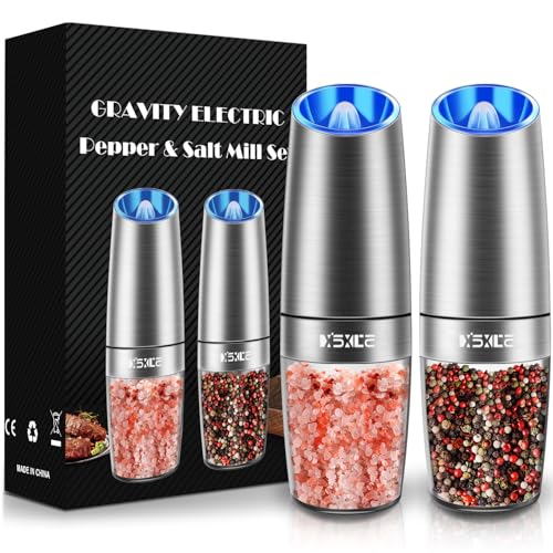 XinXu Gravity Electric Pepper and Salt Grinder Set, Salt/Pepper Mill & Adjustable Coarseness, Battery Powered with LED Light, One Hand Automatic Operation, (Set/Silver)
