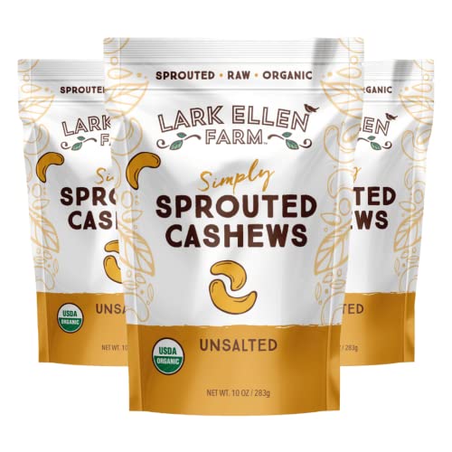 Lark Ellen Farm Unsalted Organic Raw Cashews, Sprouted, Air-Dried, Gluten-Free, Non-GMO, Vegan, Keto, Certified USDA, Peanut-Free Facility, Resealable Bag (10 oz, 3 pack)