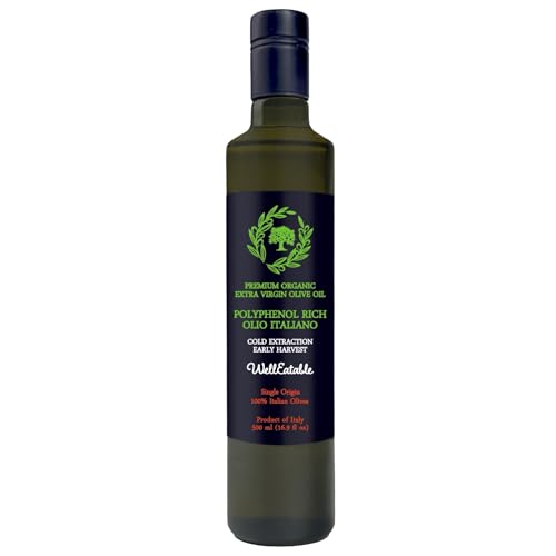 WellEatable High +1,200 mg/kg Polyphenol Rich Olive Oil, Award-Winning Early Harvest, Organic Extra Virgin Olive Oil from Italy, Lab Tested, Cold Extracted for Drinking and Finishing, 16.9 fl oz
