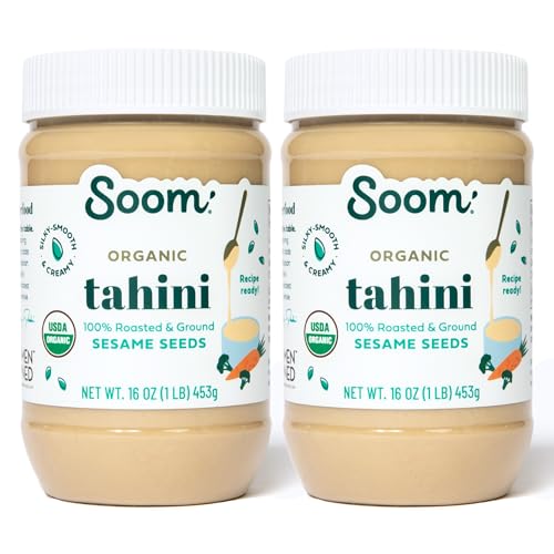 Soom Foods Organic Tahini 16oz (2 Pack) | Roasted & Ground Sesame Seed Paste | Creamy Tahini for Dubai Chocolate, Hummus, Sauces | Vegan, Nut-Free, Gluten-Free, Kosher, Keto, Paleo, Whole30