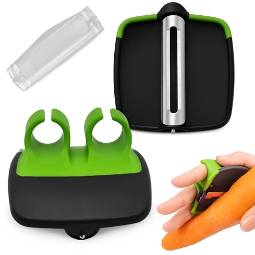 Palm Peeler for Vegetables with Double-Sided Stainless Steel Blades | Finger Potato Peeler for Kitchen, Suitable for Carrot and Fruits, Silicone Body, Non-Slip Grip, Blade Cover, Dishwasher ready