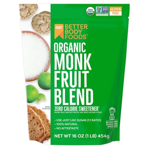BetterBody Foods Organic Monk Fruit Sweetener Blend, Raw Cane Sugar Substitute, Zero Calorie, Keto Diet Friendly, Zero Net Carbs, Zero Glycemic, Baking, Extract, Sugar Replacement, 1lb, 16oz