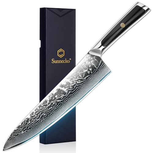 Sunnecko 8 Inch Japanese Damascus Chef Knife - Ultra Sharp 10-12 Degree Edge VG10 67 Layers Kitchen Cooking Knives for Meat, Vegetable & Fruit, Full Tang Forged Blade, Premium Father Day Gift Box