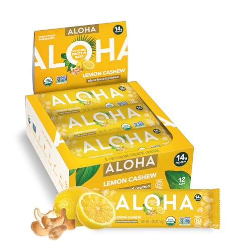 ALOHA Organic Plant Based Protein Bars - Lemon Cashew - 12-Count - Vegan, Low Sugar, Gluten-Free, Paleo, Low Carb, Non-GMO, No Stevia & No Erythritol