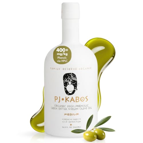 P.J. KABOS Fresh 2025/26 Harvest, High Phenolic (400+ mg/kg), USDA Organic Greek Extra Virgin Olive Oil, Kosher, Greece, Cold Extracted, 16.9oz Glass Bottle, 'Family Reserve Organic - Medium'