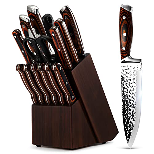 15 Pieces Kitchen Knife Set with Block and Sharpener | Hammered Collection, Japan Stainless Steel, with 6Pcs Steak Knives