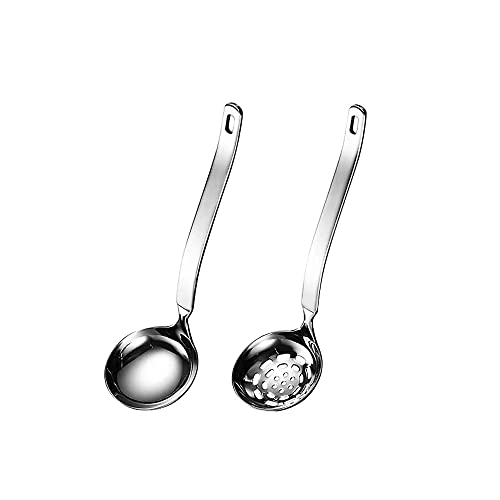 Collfa Small Soup Ladle Metal SUS304 Stainless Steel Ladles Spoon And Slotted Colander Spoon Set Soup Ladle With Holes Strainer Scoop Ladles For Serving Gravy Hot Pot Or Restaurant,2 Piece Set
