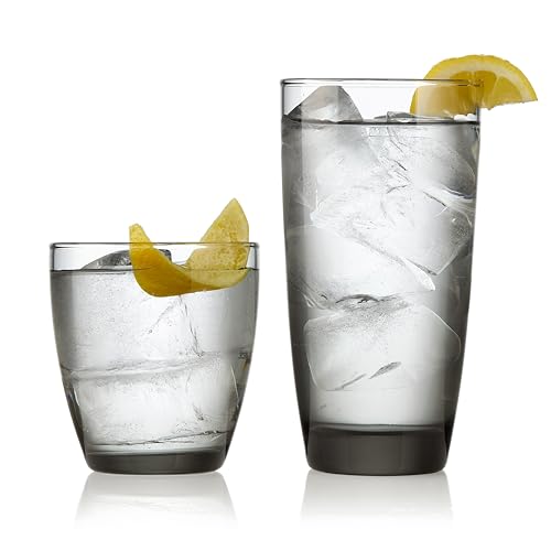 Libbey Slate Smoke Double Old Fashioned and Tumbler Glass Cups Set of 12, Tapered Glassware Drinking Glasses, Smoky Drinking Glasses Set for Daily Use