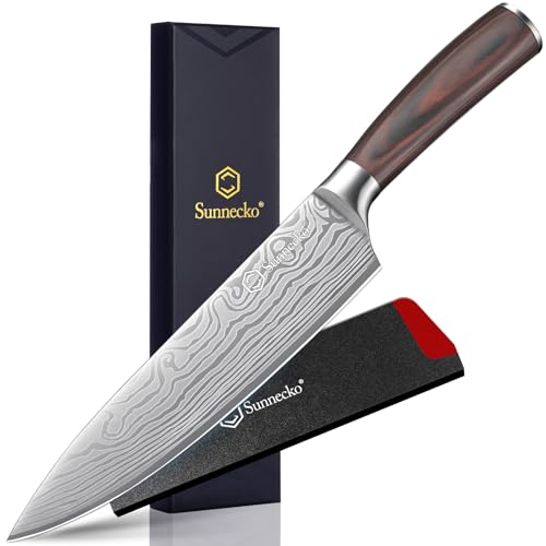 Sunnecko 8 Inch Chef Knife - Ultra Sharp 12-15 Degree Edge Kitchen Knife for Meat Vegetable Cutting Japanese Style, High Carbon Stainless Steel Blade, Pakkawood Handle &Sheath, Cooking Father Day Gift