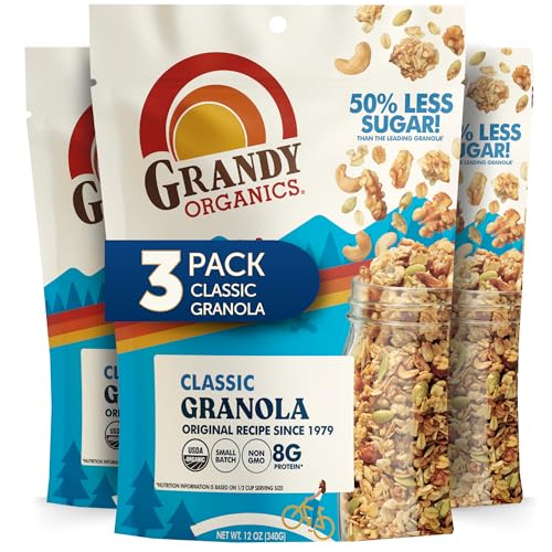 Grandy Organics Classic Granola - Certified Organic & Low Sugar Granola - 8g Protein - Non GMO & Dairy Free - Oats, Pumpkin Seeds, Cashews & Walnuts - 3 Pack, 12oz Bags