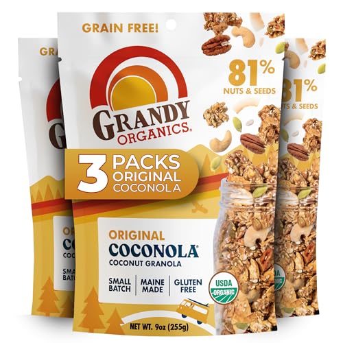 Grandy Organics Original Coconola - Certified Organic Grain Free Granola - 7g Protein - Gluten Free, Non GMO, Vegan & Paleo Friendly - Coconut, Cashews, Pecans & Seeds - 3 Pack, 9oz Bags