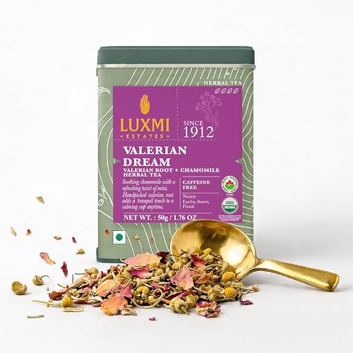 Luxmi Estates Organic Valerian Root, Chamomile, & Lavender Loose Leaf Tea 50g/1.76oz (25 cups) for Sleep | Caffeine Free Wellness Sleep Tea