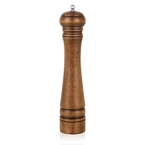 1Pack Wood Pepper Grinder, XWXO 10 Inch Salt Mill Pepper Shaker, Pepper Mill with Adjustable Ceramic Rotor - Oak Wood Pepper Grinder for Your Kitchen