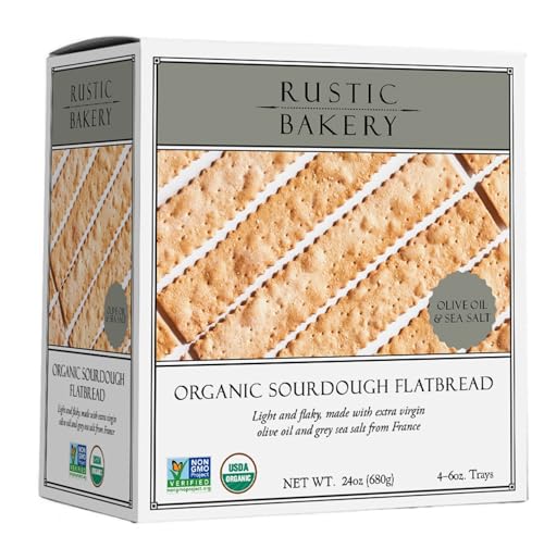 Rustic Bakery Handmade Sourdough Flatbread - Olive Oil & Sel Gris - Sea Salt Charcuterie Crackers - Artisan Crackers for Cheese Platter or Snacking - Made in California - Pack of 4, 6 Oz Trays