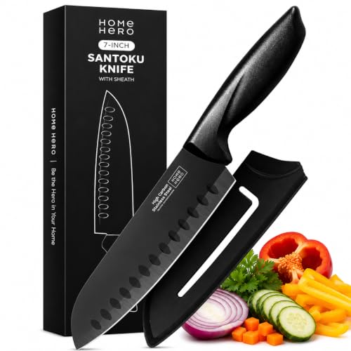 Home Hero 2 Pcs Santoku Knife with Sheath - High Carbon Stainless Steel Chopping Knife with Ergonomic Handle - Razor-Sharp Multi-Purpose Kitchen Knife for Chopping Vegetable and Cooking (Black)