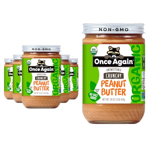 Once Again Organic Crunchy Peanut Butter No Sugar Added - Single Ingredient, Unsalted, Natural Peanut Butter No Palm Oil - Glass Jar, Non-GMO, Gluten Free - Chunky, Unsweetened - 6 Jars, 16 oz