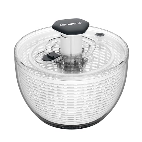 Ourokhome 6.3 QT Salad Spinner with Fully Removable Lid, Large Lettuce Dryer with One-Hand Press Pump, Instant Stop Brake Button and Retractable Handle, Vegetable Washer & Spinner for Greens and Herbs