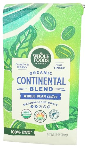 Whole Foods Market, Organic Continental Blend Whole Bean Coffee, Medium-Light Roast, Complex & Heavy, Fruit-Tinged, 12 Ounce