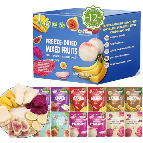 ONETANG Freeze-Dried Mixed Fruit, 12 Pack Single-Serve Pack, Non GMO, Kosher, No Add Sugar, Gluten free, Vegan, Holiday Gifts, Healthy Snack, Blue Box, 0.35 Ounce