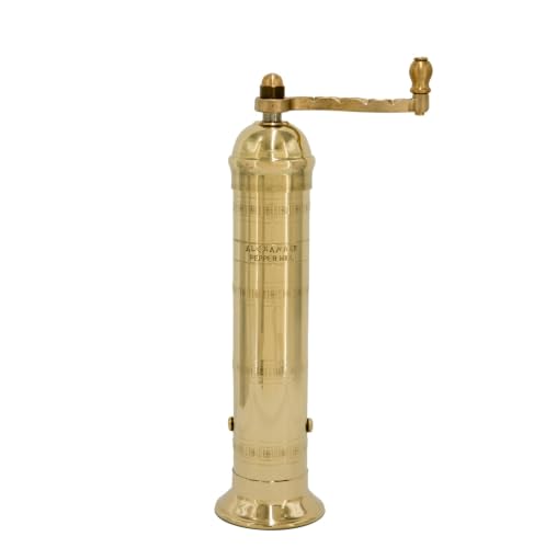 Alexander Home Original Greek Pepper Mill, 9-Inch Brass - European Manual Pepper Grinder, Refillable, with Polishing Cloth