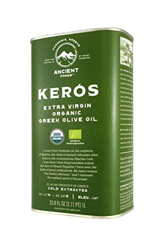 Ancient Foods Keros Organic Extra Virgin Olive Oil Cold Pressed – Greek EVOO, High Polyphenol Olive Oil from 1000 Year Old Trees from Greece – Ideal for Cooking, Salads & Gourmet Dishes – 33.8oz (1L)