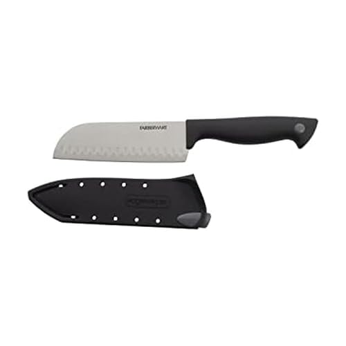 Farberware EdgeKeeper 5 Inch Santoku Knife with Self-Sharpening Blade Cover, High-Carbon Stainless Steel Blade with Oval Indentations, Ergonomic Handle