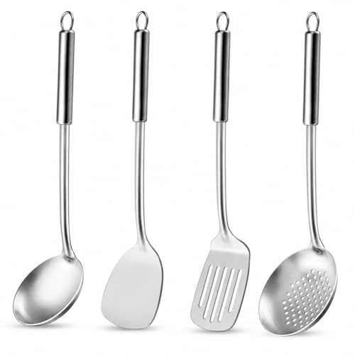 Pleafind Cooking Utensils Set - 4 Pcs Stainless Steel Kitchen Utensils Set with Solid Turner, Slotted Turner, Serving Ladle, Slotted Spoon, Wok Utensils Set with Heat Resistant Handle, Dishwasher Safe