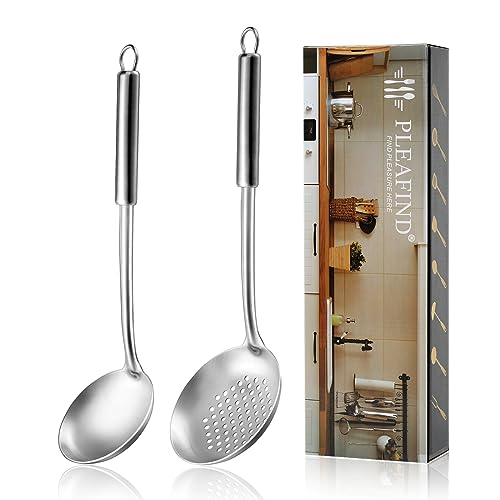Pleafind 2-Pcs Ladle and Slotted Spoon, Soup Ladle and Strainer Spoons, Stainless Steel Cooking Spoon and Skimmer Spoons, Kitchen Utensils, Wok Utensils for Home and Restaurant, Dishwasher Safe