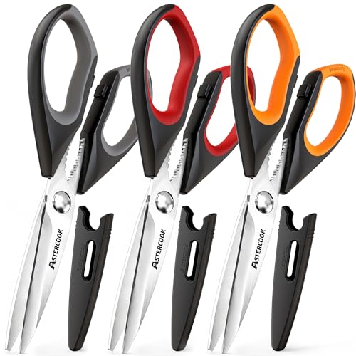 Astercook Kitchen Scissors 3 Pack, Heavy Duty All Purpose Kitchen Shears for Food and Packaging, Stainless Steel Food Scissors for Meat, Poultry, Herbs and Vegetables, Dishwasher Safe