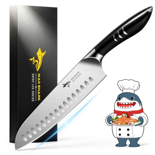 MAD SHARK 8 Inch Santoku Knife - Ultra Sharp Japanese Kitchen Knife with High Carbon German Steel, Ergonomic Handle, Ideal for Slicing, Dicing, Cutting - Unique Gift for Chefs, Men & Women (Black)