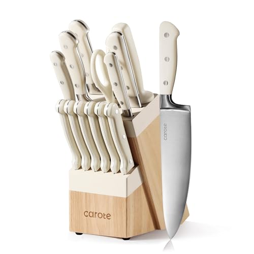 CAROTE 14-Piece Knife Set with Wood Block, Rust-Resistant, Cream