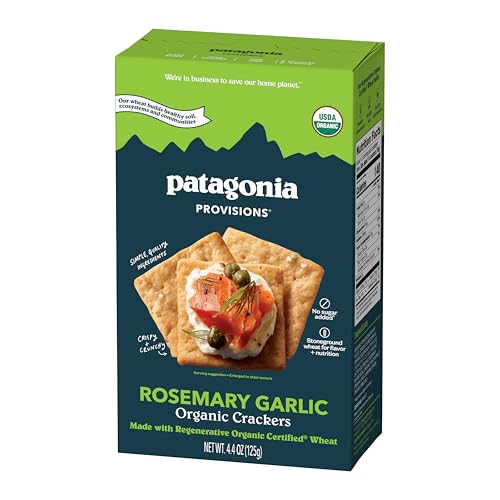 Patagonia Provisions Organic Rosemary Garlic Crackers – 3g Plant Protein Per Serving – Made with Wheat Flour & Sea Salt – Non-GMO, No Added Sugar - Crispy & Crunchy