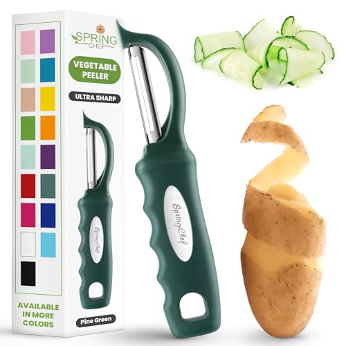 Spring Chef Potato Peeler for Kitchen with Soft Grip Handle, Pine Green | Premium Vegetable Peeler w/ Sharp Stainless Steel Blades, Multifunctional Food Peeler for Apple, Carrot, Cucumber, Fruit