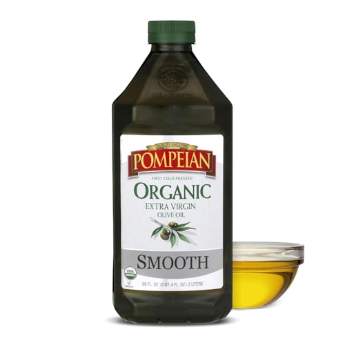 Pompeian Smooth Organic Extra Virgin Olive Oil - 68 fl oz (2 L) First Cold Pressed Olive Oil for Cooking - Smooth Taste for Sauteing, Stir-Frying, and Baking - Value Size