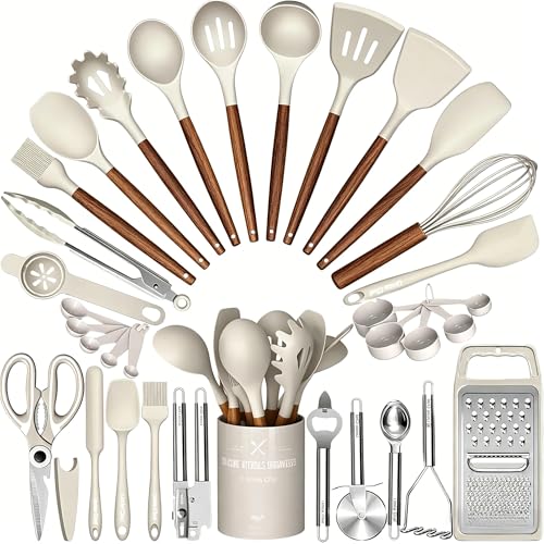 Umite Chef Thickened Silicone Cooking Utensils Set with Natural Wooden Handle- Kitchen Utensils Set, 34PCS Heat Resistant Kitchen Gadgets Tools Set, Kitchen Spatula Set for Nonstick Cookware